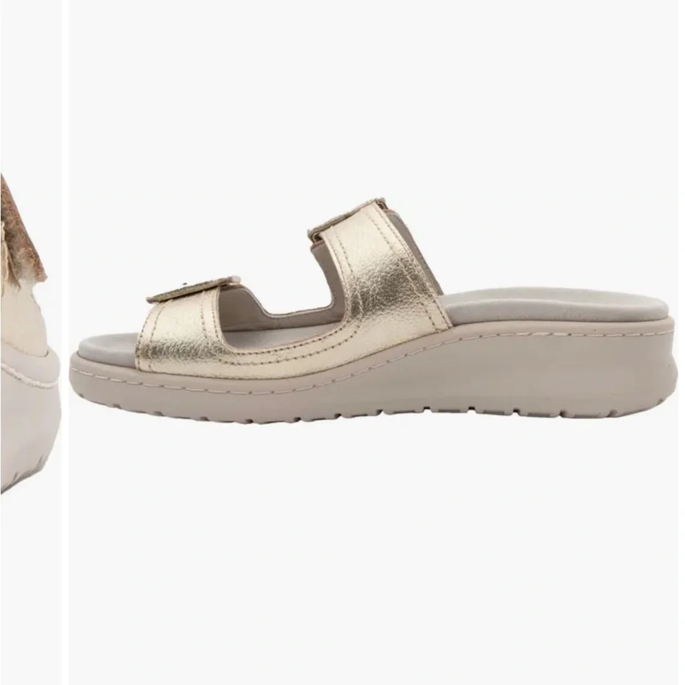 David Tate Frenchy Double Band Slide Sandal Metallic Pebbled Leather, Sz 9